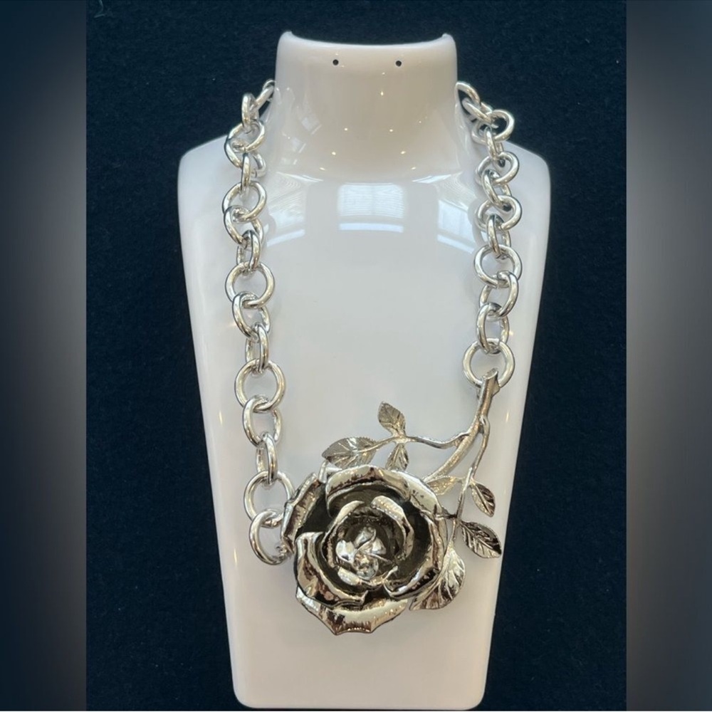 Zara Bold Rose Statement Necklace - Silver Tone - Picture 6 of 6